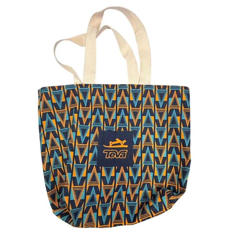 Teva Canvas Tote Bag‎ Geometric Triangle Pattern Navy Orange Teal Shopper
